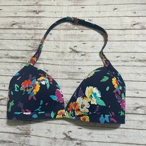 Lands’ End Womens Floral Bikini Top Size 32D/34C Blue Halter Wireless Padded